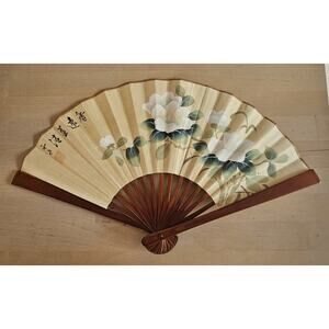 Vintage Signed painted oriental Paper bamboo Fan with flowers